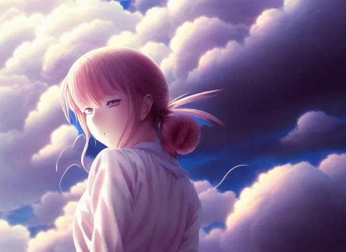 Image similar to anime portrait of a young a girl floating inside clouds,ink, Karolis Strautniekas,omoide emanon, tsuruta kenji, murata range,kawaii, kyoto animation, manga, intricate, detailed, studio lighting, gradation,editorial illustration, matte print, Ilya Kuvshinov