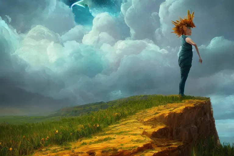 Prompt: giant corn flower as a head, girl standing on cliff, surreal photography, stars, dramatic light, impressionist painting, storm clouds, digital painting, artstation, simon stalenhag