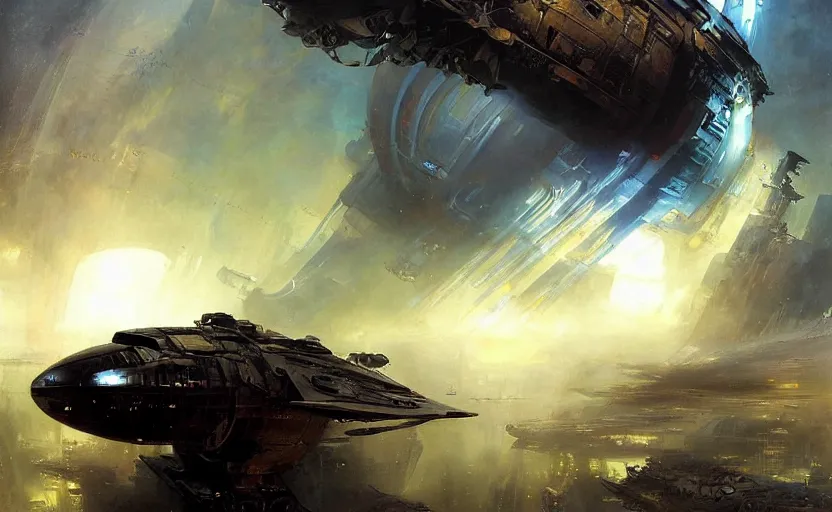 Image similar to a dieselpunk spaceship emerges over the horizon of an bladerunner alien planet, artwork by darek zabrocki, john howe, john berkey, dramatic lighting, brushstrokes, artwork on canvas.