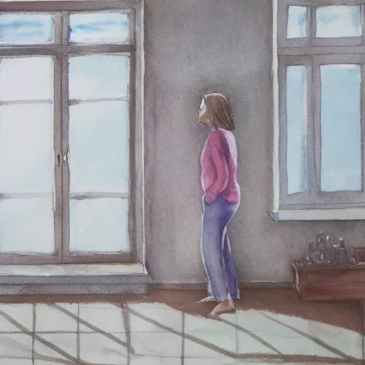 Image similar to person in pyjamas standing near window, sun rays, daylight, big french door window, big spatious room, 2 4 mm, wooden floor, modern, pastel palette, winter sun, photorealistic, high ceiling, watercolor painting