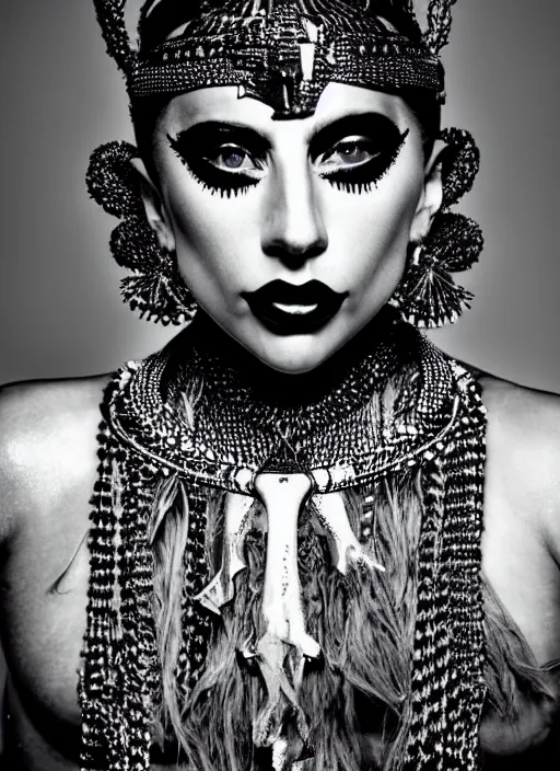 Image similar to lady gaga as a tribal woman, intricate, cinematic lighting, highly detailed, canon 3 5 mm photography, horizontal symmetry, smooth, sharp focus