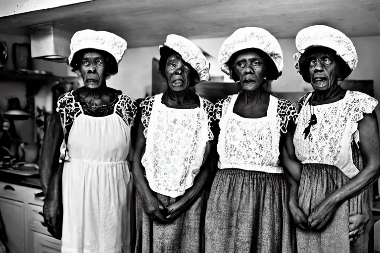 Image similar to close up of three old women from brittany with hats in white lace and black folk costumes in a kitchen. they look visibly angry