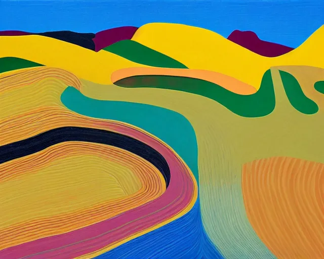 Prompt: A wild, insane, modernist landscape painting. Wild energy patterns rippling in all directions. Curves, organic, zig-zags. Saturated color. Mountains. Clouds. Rushing water. Wayne Thiebaud. David Hockney.