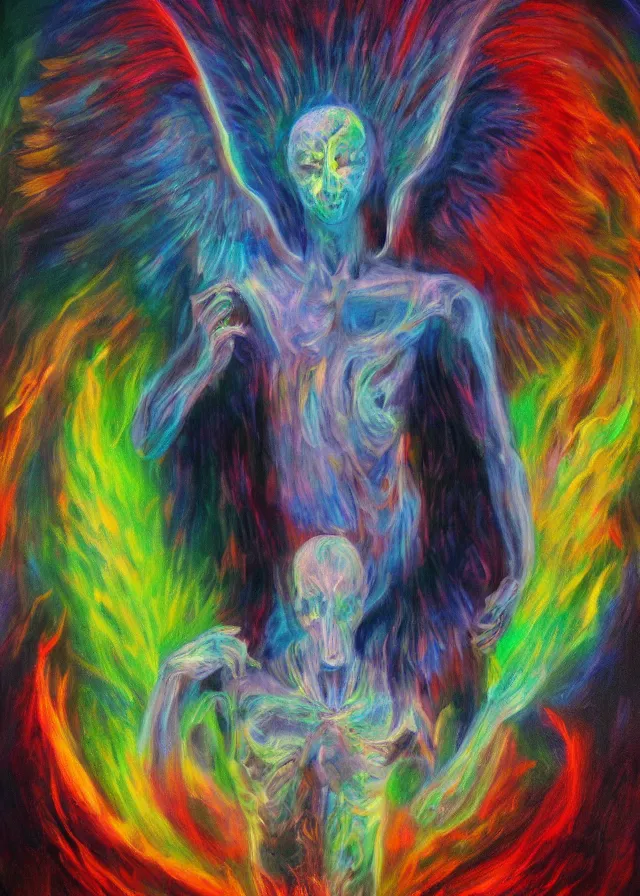 Prompt: Lucifer of the lunar mythos mercurial (surreal) fallen angel mist fear not, award winning oil painting, chromatic aberration polychromatic color palette radiant colors