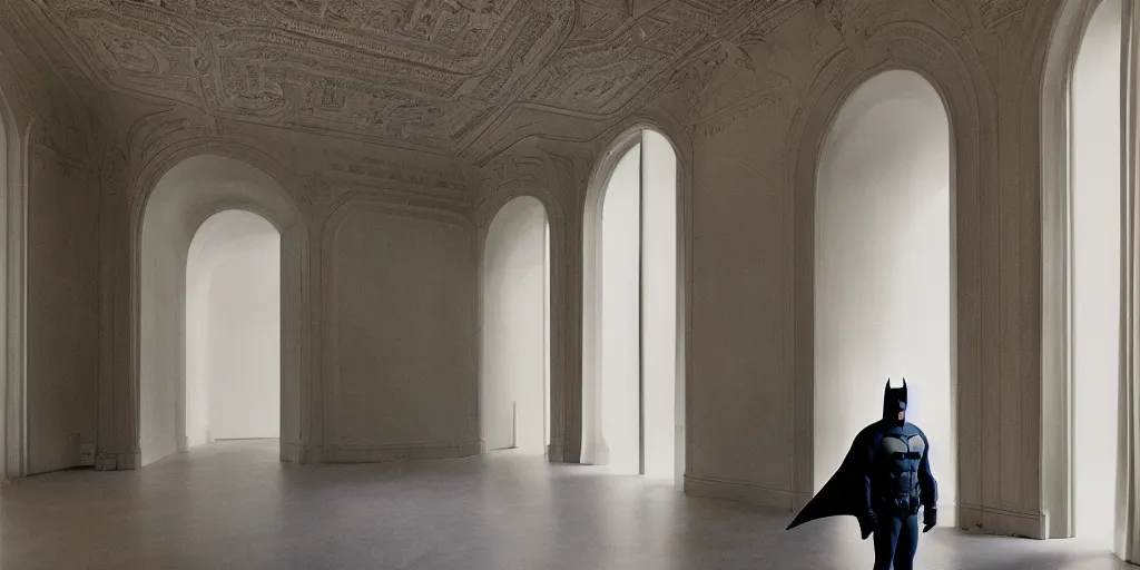 Image similar to Batman standing in giant Italian modern castle living room, clean minimalist design, that is 1300 feet tall, with very tall giant walls filled with modern art paintings, doors that are cosmic portals, photo by Annie Leibovitz