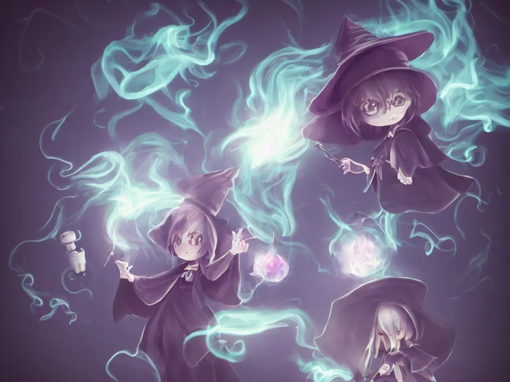 Image similar to cute fumo plush girl witch stirring a cauldron swirling with strange energy, ominous cauldron of glowing potion, eldritch gothic horror, smoke and volumetric fog, witch girl, soothsayer, lens flare glow, chibi anime, vray