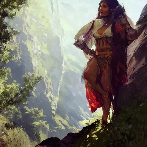 Prompt: oil art of young roma mage adventurer climbing down a cliffside in style of disco elysium character, gipsy jester character design from ravenloft, art by anders zorn, wonderful masterpiece by greg rutkowski, beautiful cinematic light, american romanticism by greg manchess, jessica rossier