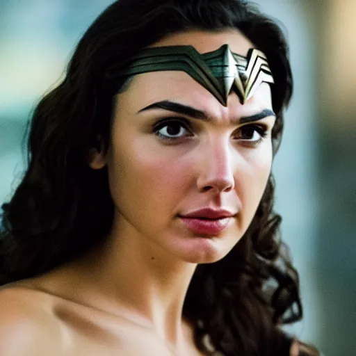 Prompt: Still of Gal Gadot as Wonder Woman, 50% Mediterranean, stunning closeup, 35mm F/1.2