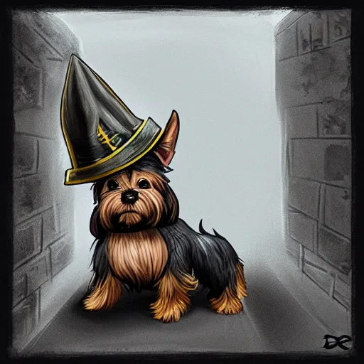 Prompt: detective yorkshire terrier wearing a wizard hat, in a dark alley, by D&D Concept Artists