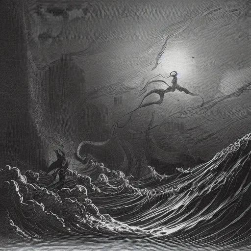 Prompt: a traditional portrait of cthulhu, small town in the background, night, soaring waves, clouds, illustration by Gustave Doré