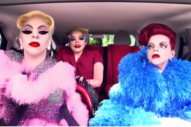 Image similar to lady gaga and judy garland doing carpool karaoke, lady gaga and judy garland, carpool karaoke, lady gaga, judy garland, carpool karaoke, youtube video screenshot, the late late show with james corden