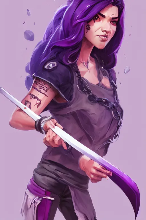 Image similar to beautiful female flowing purple hair katana tattoo symmetrical face eyes full length fantasy art apex fortnite Video game icon, 2d game art gta5 cover , official fanart behance hd artstation by Jesper Ejsing, by RHADS, Makoto Shinkai and Lois van baarle, ilya kuvshinov, rossdraws