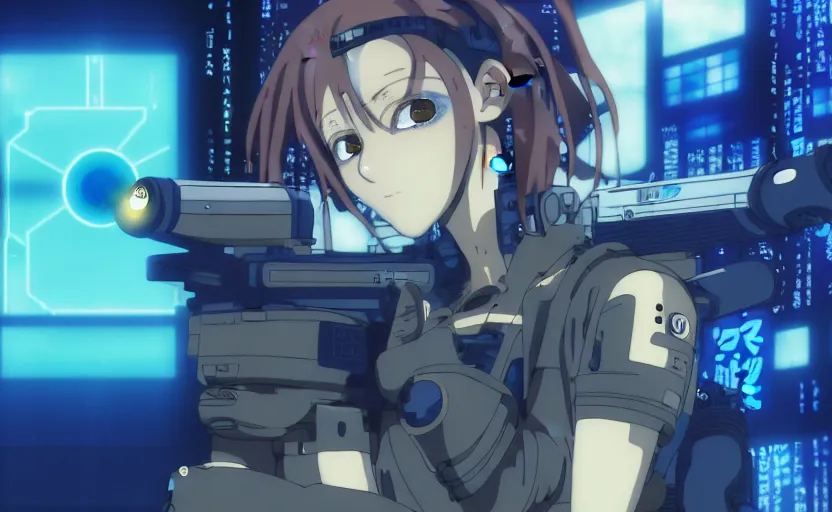 Prompt: female cyberpunk soldier shooting laser at a large tank, Kyoto animation, last exile, blue submarine no. 6, gustav klimt, loish, murata range, kawaii, Madhouse anime studios Black Lagoon Perfect Blue, yoshitaka amano, studio lighting, manga, bright colors, beautiful, 35mm lens, vibrant, high contrast