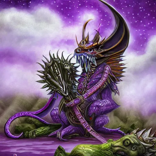 Image similar to purple dragon taming a gnome, fantasy illustration