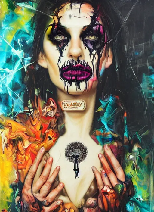 Image similar to magic cult psychic woman, fashion model photoshoot scene, third eye, subjective consciousness psychedelic, epic surrealism expressionism symbolism, story telling, iconic, dark robed, oil painting, symmetrical face, dark myth mythos, by Sandra Chevrier, Noriyoshi Ohrai masterpiece