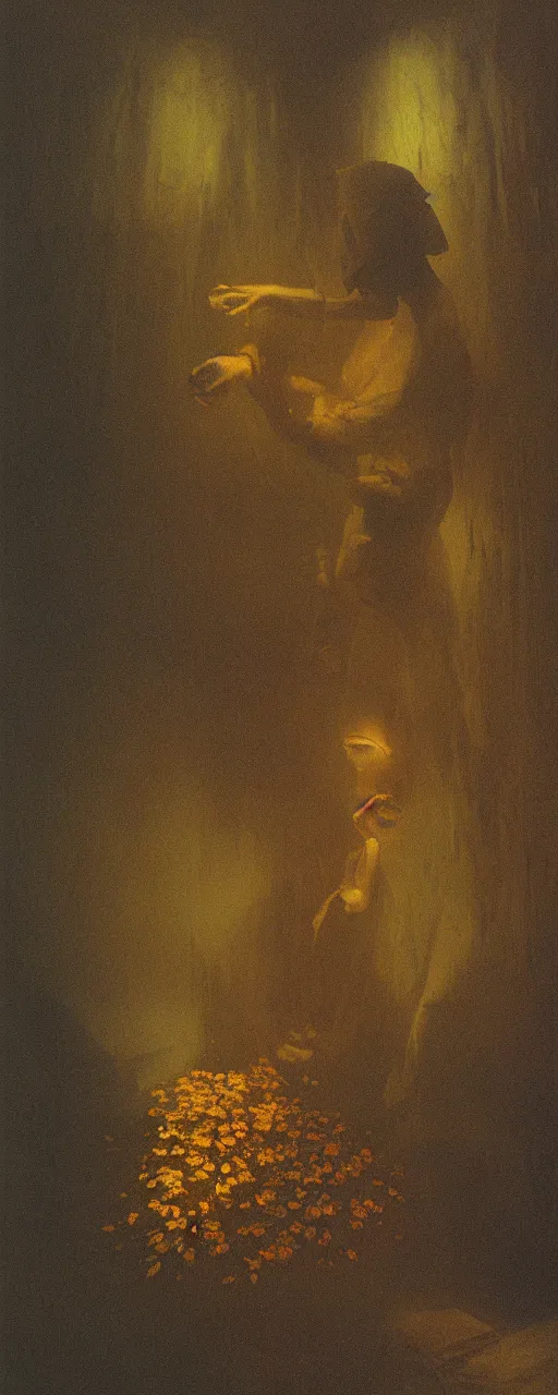 Prompt: a golemn tending to a beautiful dried flower in a dark room, zdzislaw beksinski, arthur rachham, interior, 8 k, artstation