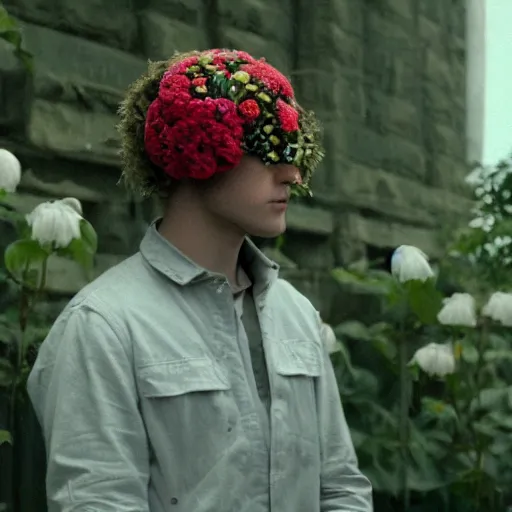 Image similar to movie still of a youth with a cyborg plants flowers helmet, cinematic composition, cinematic light, by edgar wright and david lynch