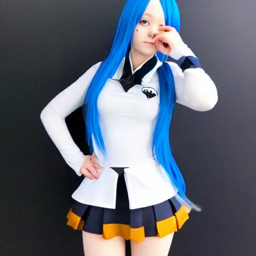 Image similar to a anime girl in a orca school outfit cosplay posing for the camera, blue eyes