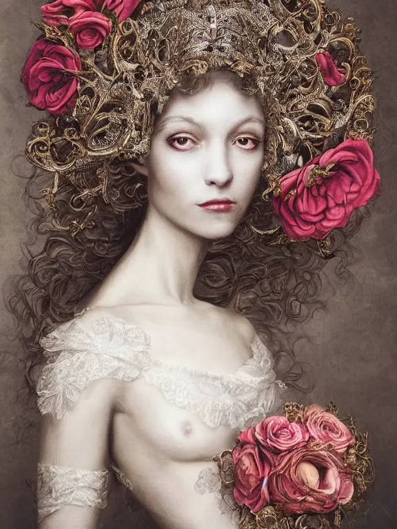 Image similar to a 65mm fashion headshot portrait of a catholic veiled Princess who has rococo dramatic headdress with roses,with symmetry intricate detailed,by Virginie Ropars and Nekro and peter gric and aaron horkey and Billelis, ,William Holman,GUCCI,DIOR,trending on pinterest,hyperreal,jewelry,gold,maximalist