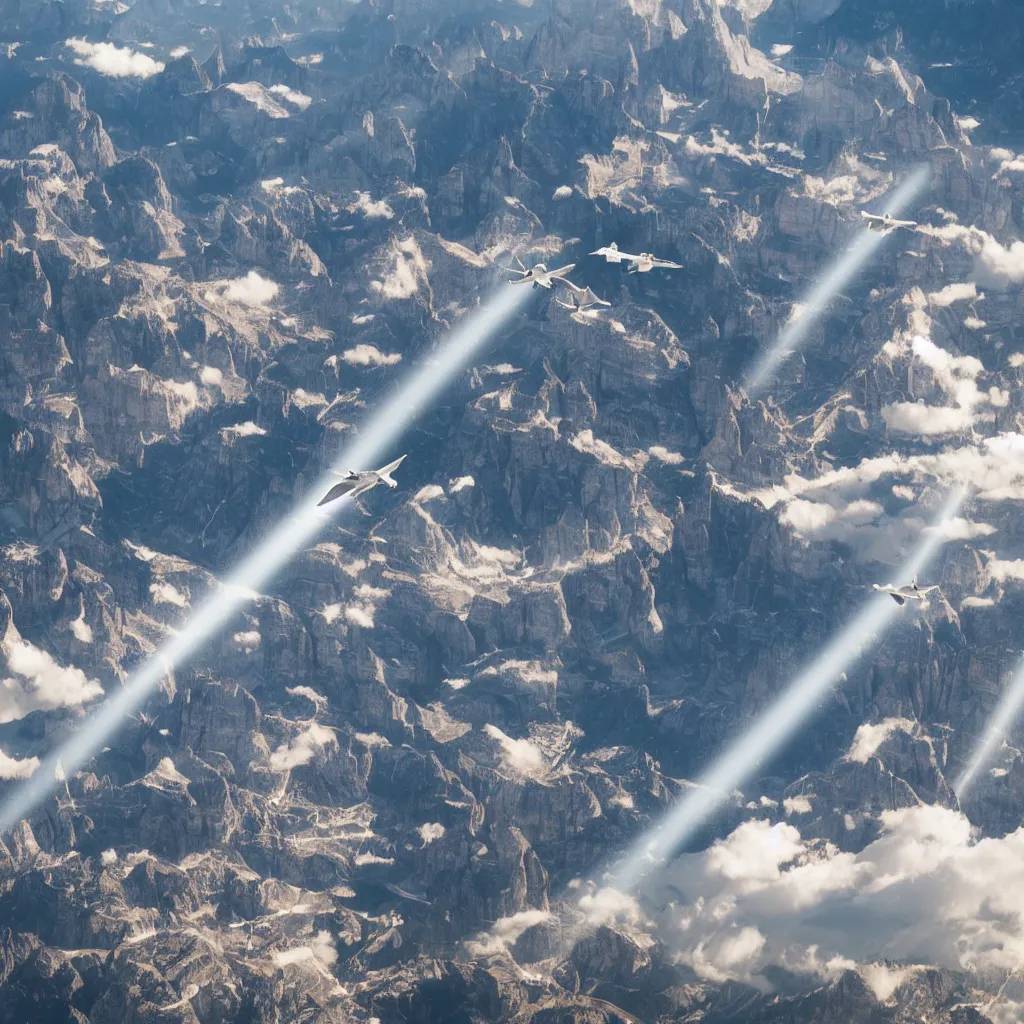 Prompt: sky parade of zeppelins flying over swirling dolomites, birds eye view, casting shadows, light rays