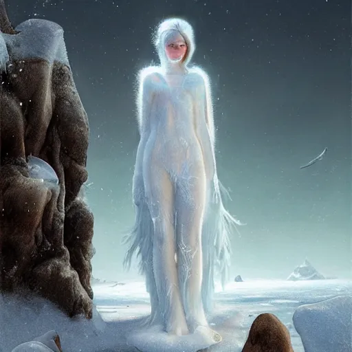 Image similar to a hyperrealistic illustration of a human in the Arctic, white long clothes, snow on the body, blue transparent ice with fractal sunlight, award-winning, masterpiece, in the style of Tom Bagshaw, Cedric Peyravernay, Peter Mohrbacher