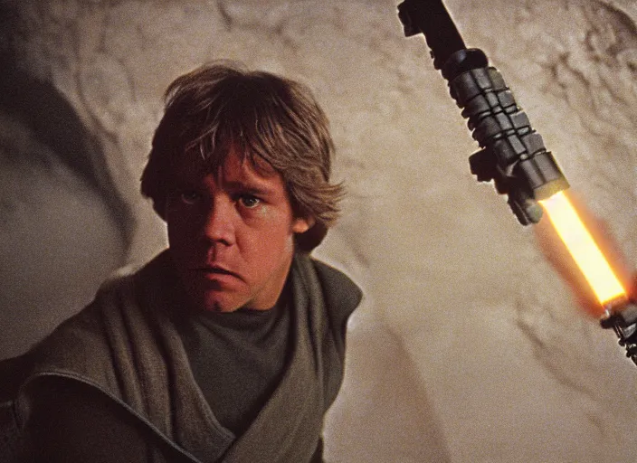 Prompt: detailed protrait photo of Luke skywalker using his lightsaber to light up a dark hazy cave and discover the ancient jedi texts. screenshot from the 1985 film, Photographed with Leica Summilux-M 24 mm lens, ISO 100, f/8, Portra 400