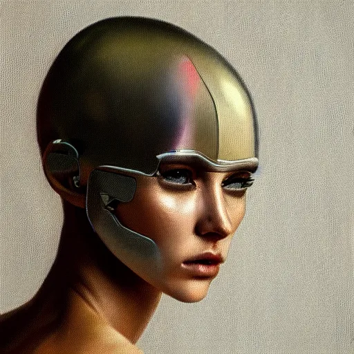 Prompt: cyborg fashion model, hyperrealism oil painting, artstation, soft colors