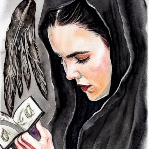 Image similar to full body detailed watercolor illustration of alien jennifer connelly mixed with anya taylor - joy, reading a book, unsettling, hooded long black feathered cloak, uncanny valley, with black feathers instead of hair, gothic, guillermo del toro, gray mottled skin, pale and sickly, profile view, - - ar 9 : 1 6