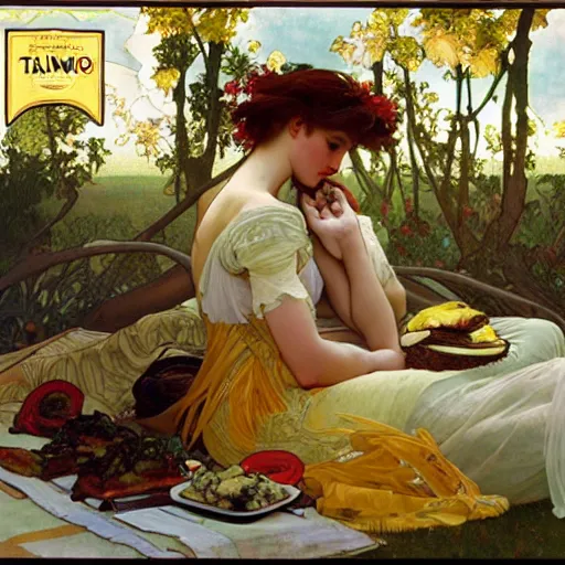 Image similar to a Taxi-Cab-Lunch-Picnic, spread-across-the-hood, romantic luncheon art by alphonse mucha and Monia Merlo and Raymond Swanland