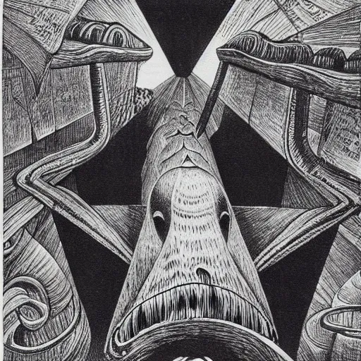 Image similar to eldritch god of madness, black ink on paper, m c escher