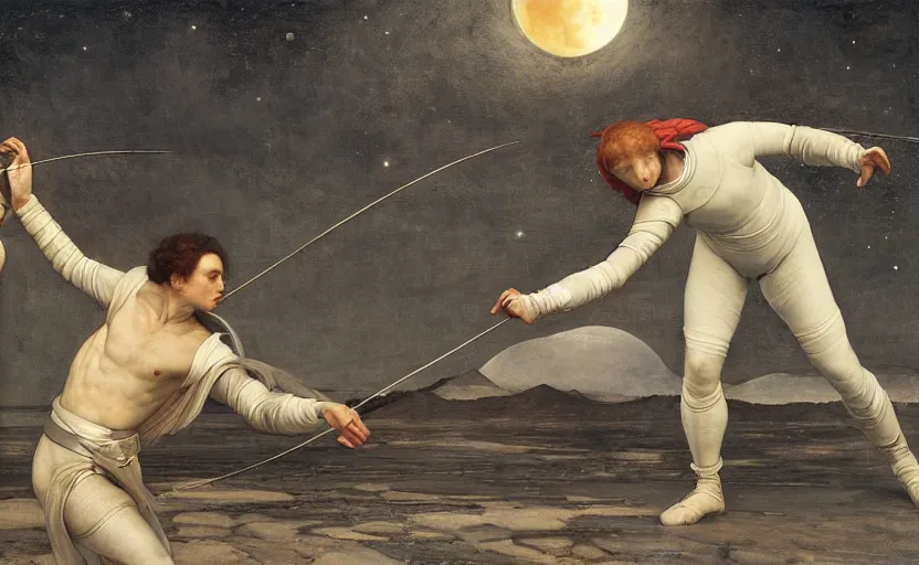 Image similar to a fencing match on the moon by edgar maxence and caravaggio and michael whelan and delacroix style, artistic, intricate painting, cinematic lighting, hyper realistic, extremely detailed, establishing shot, 8 k resolution, dramatic lighting