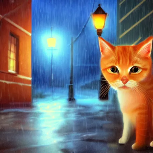 Image similar to a cute orange tabby cat with green eyes on an old street, it is night and raining, street lamps are illuminating the street, moody lighting, peaceful atmosphere, digital art, highly detailed, high contrast, beautiful lighting, award winning, trending on art station, 8 k,