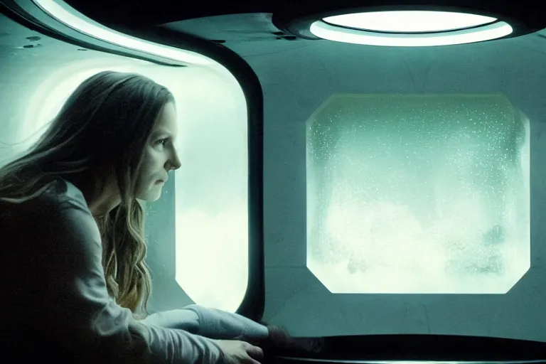 Prompt: a cinematic portrait of an alien creature, inside of spaceship looking out of a small rainy window, beautiful lighting, high depth, ultra realistic, artistic, by annie leibovitz and zack snyder