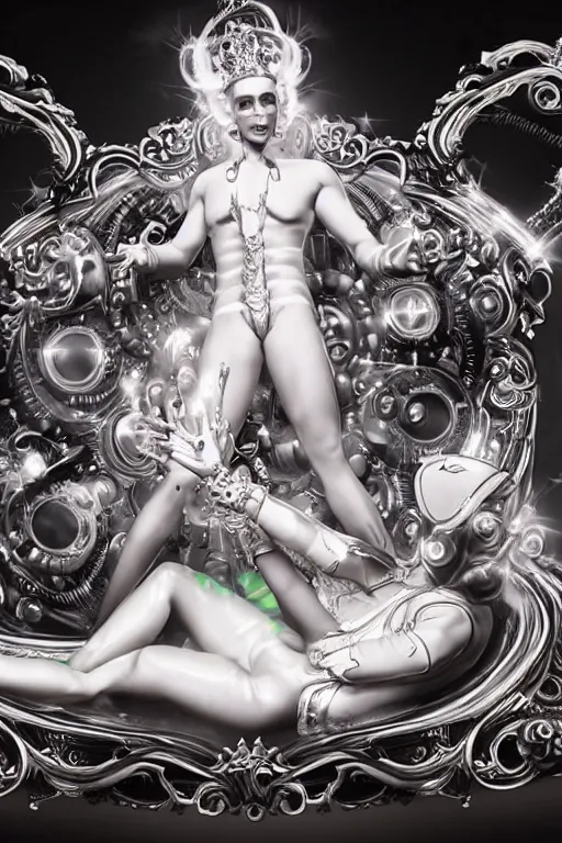 Image similar to full-body rococo and cyberpunk style neon statue of a muscular attractive Mario macho dotado e rico android sim roupa reclining con las piernas abertas e la piroca dura, glowing white lasers, glowing eyes, silver prince crown, silver steampunk gears, white diamonds, swirling mint-colored silk fabric. futuristic elements. ethereal white dripping tar. full-length view. space robots. human skulls. large white balloon animals. intricate artwork by caravaggio. Trending on artstation, octane render, cinematic lighting from the right, hyper realism, octane render, 8k, depth of field, 3D