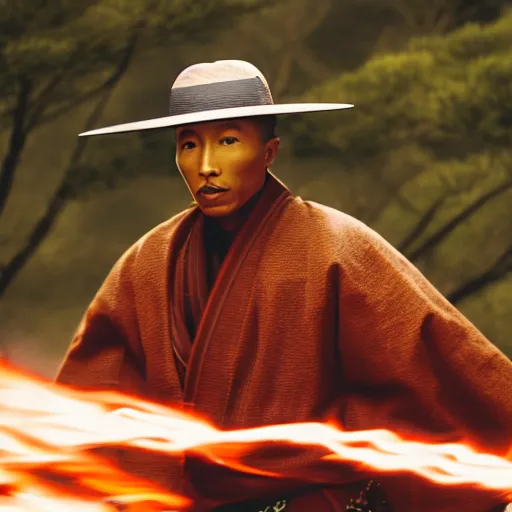 Image similar to cinematic film still Pharrell Williams starring as a Samurai holding fire, Japanese CGI, VFX, 2003, 40mm lens, shallow depth of field,film photography