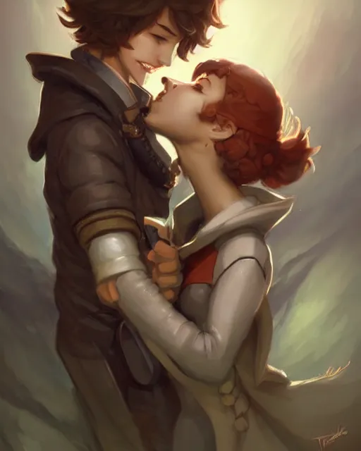 Image similar to cute little anthropomorphic akechi and makoto kissing, cute and adorable, pretty, beautiful, dnd character art portrait, matte fantasy painting, deviantart artstation, by jason felix by steve argyle by tyler jacobson by peter mohrbacher