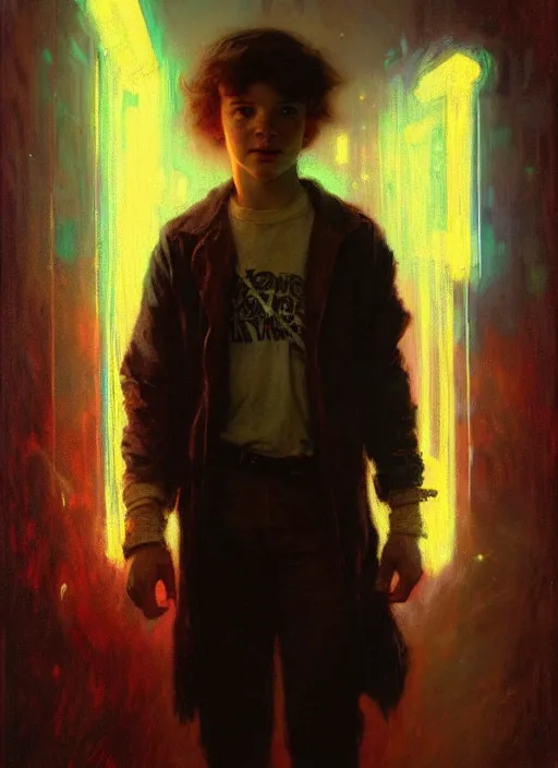 Prompt: illustration by gaston bussiere, gerome, craig mullins, greg rutkowski, john singer sargent. portrait of eddie munson joseph quinn, stranger things. 8 ß's neon retro. lights, glow, magical. dark background.