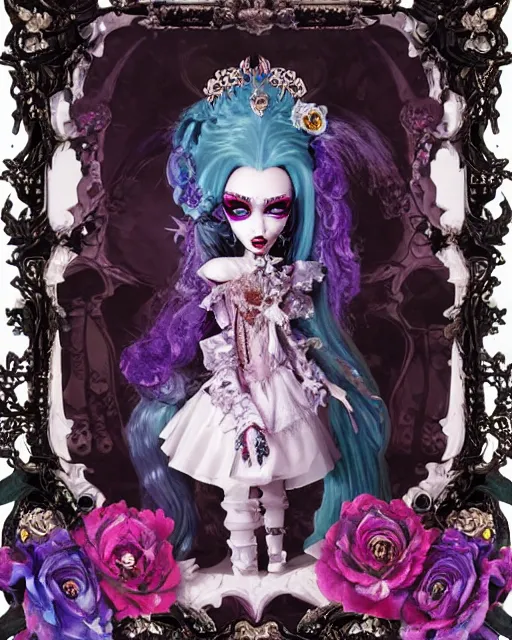 Image similar to maximalist baroque bedazzled gothic royalty frames surrounding a watercolor portrait of maximalist monster high draculaura doll, stephen bliss, unreal engine, by greg rutkowski, loish, rhads, makoto shinkai and lois van baarle, ilya kuvshinov, rossdraws, global illumination, radiant light, detailed and intricate environment, watercolor lighting