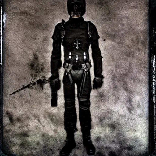 Prompt: full-body dark creepy gothic realistic found photograph polaroid a decapitated soldier with futuristic elements. he welcomes you under with no head, empty helmet inside is occult mystical symbolism headless full-length view. standing on ancient altar eldritch energies disturbing frightening, hyper realism, 8k, sharpened depth of field, 3D