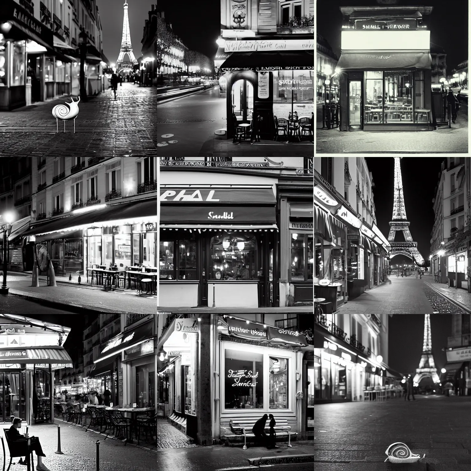 Prompt: a snail sitting outside a cafe in paris at night, the eiffel tower is visible in the background, black and white photograph