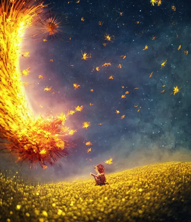 Prompt: impressive ominous cinematic fine photo of a spiraling exploding sun launching flowers across the starry night sky, lighting impressive masterpiece hyper ultra detailed intricate sharp focus 8 k realistic illustration canon eos r 3 fujifilm x - t 3 0 sony alpha, artgerm colorful!!!, trending on artstation behance cgsociety, octane render nvidia raytracing demo