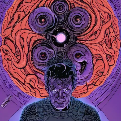 Prompt: Azathoth looking inward towards the Multiverse inside itself. DC Comics. Grant Morrison.