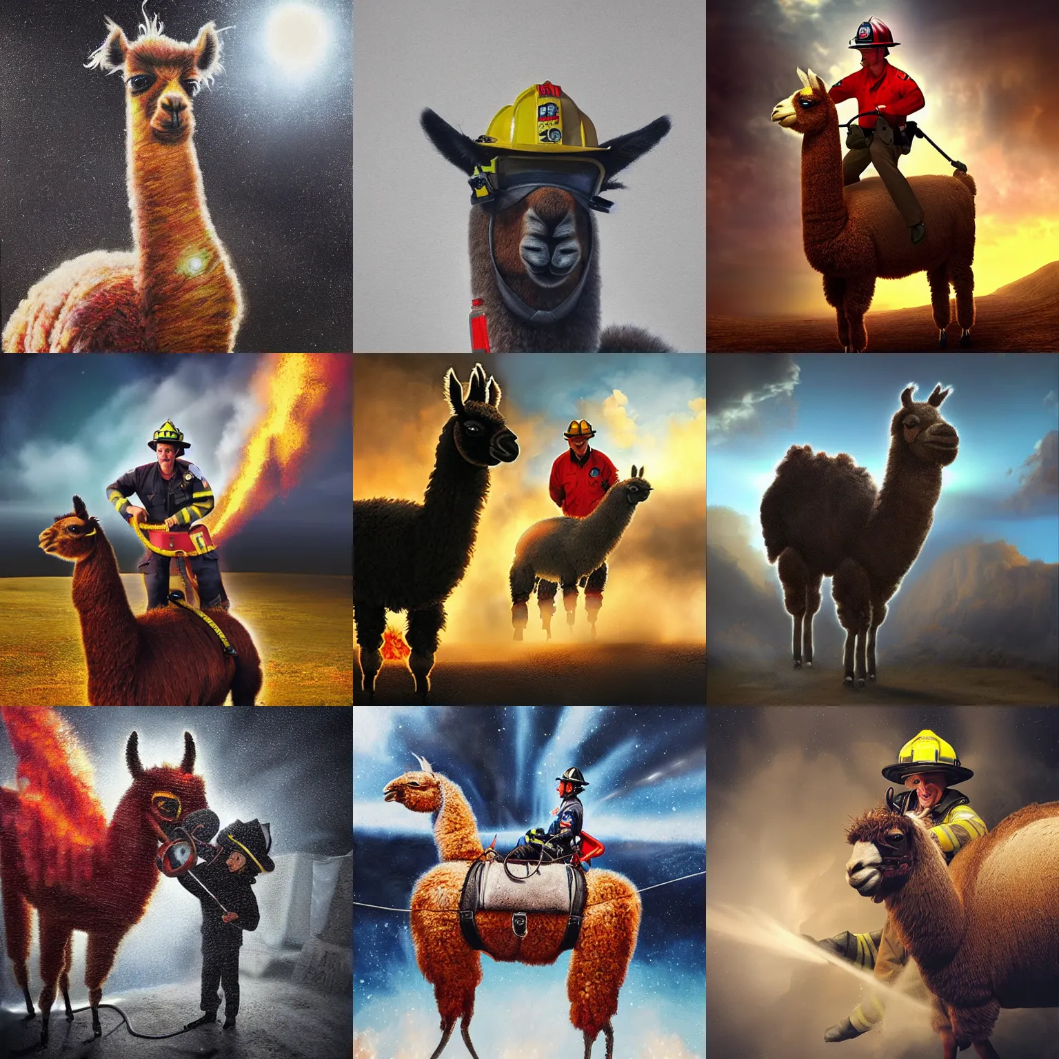 Prompt: photorealistic art of an firefighter riding a llama, dynamic lighting, space atmosphere, hyperrealism, stunning visuals