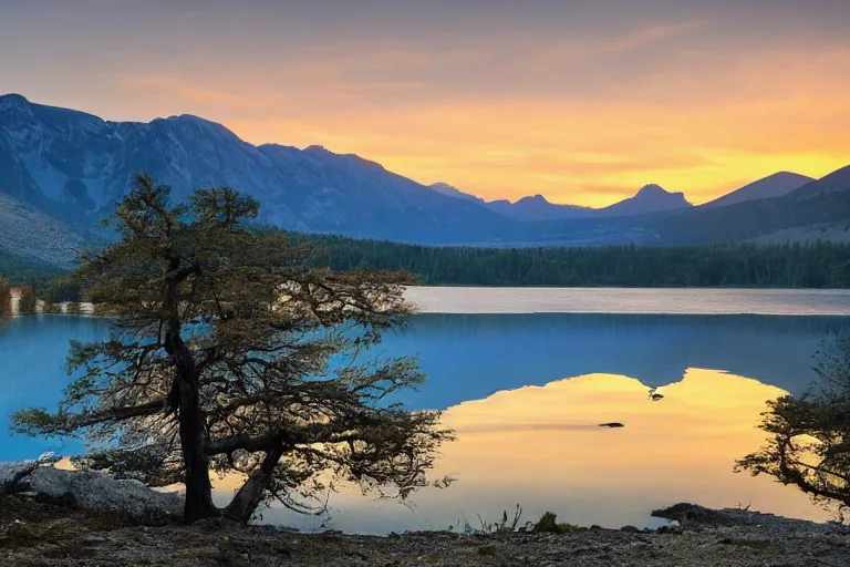 Prompt: landscape of mountains with lake and a dead tree in the foreground , sunset