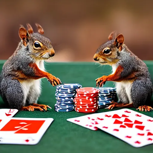 Prompt: a meeting of squirrels playing poker