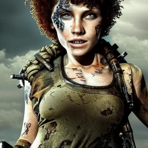 Image similar to mad - maxesque postapocalyptic woman with short curly hair