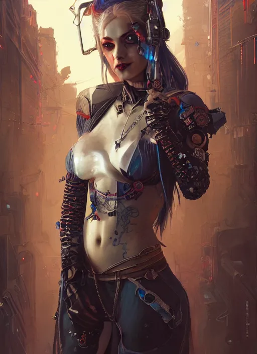 Prompt: a beautiful illustration of cyberpunk elven harley quinn, intricate, sharp focus, illustration, highly detailed, digital painting, concept art, matte, art by wlop and artgerm and greg rutkowski and alphonse mucha, masterpiece