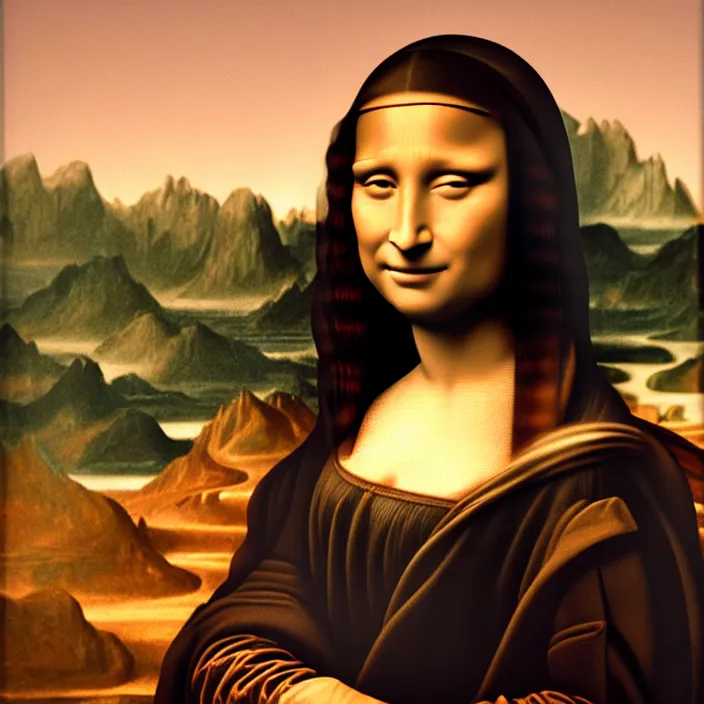 Image similar to Naomi Cambell as Mona Lisa by Elizabeth Catlett. details, smooth, sharp focus, illustration, realistic, cinematic, artstation, award winning, rgb , unreal engine, octane render, cinematic light, macro, depth of field, blur, red light and clouds from the back, highly detailed epic cinematic concept art CG render made in Maya, Blender and Photoshop, octane render, excellent composition, dynamic dramatic cinematic lighting, aesthetic, very inspirational, arthouse.