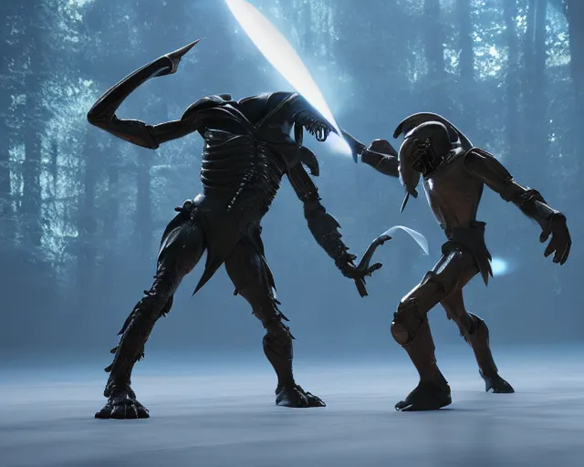 Image similar to sword fight between alien and predator, pixar animation, dreamworks, octane render, dramatic