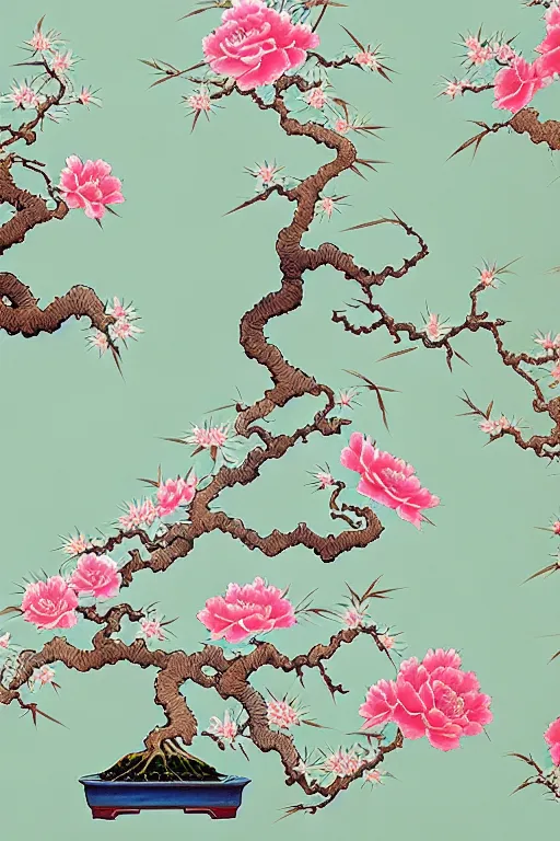 Prompt: Chinoiserie floral bonsai wallpaper by James Jean